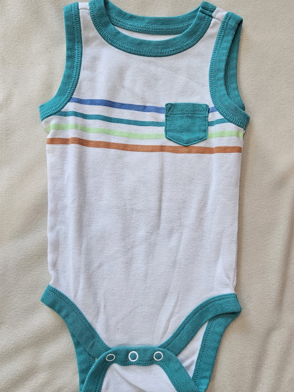 Jumping Beans White Bodysuit with Teal Trim and Multicolor Stripes - 6 Months
